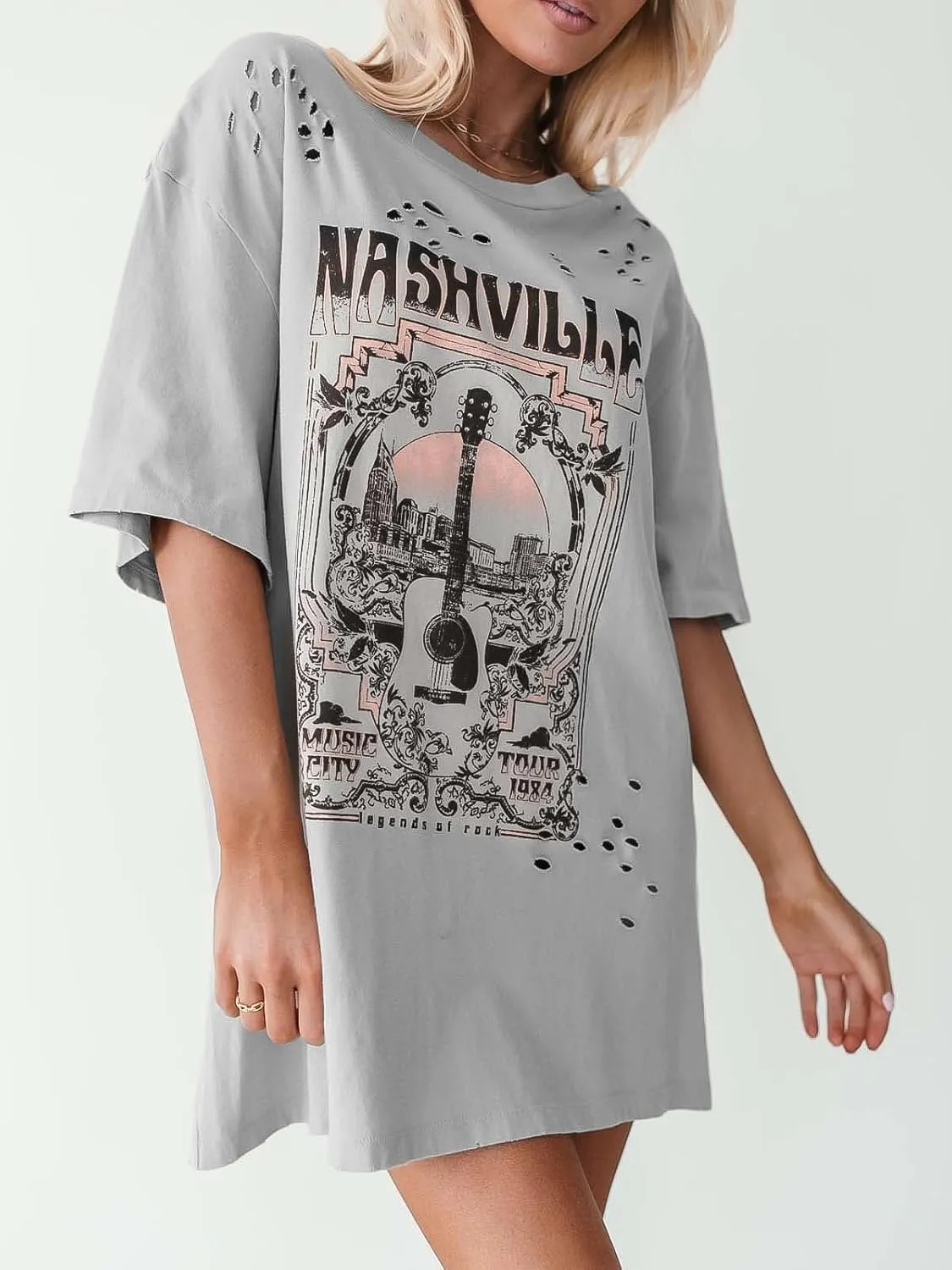Imily Bela Womens Nashville Oversized T Shirts Country Concert Outfits Hollow Out Guitar Graphic Tees Vintage Tops