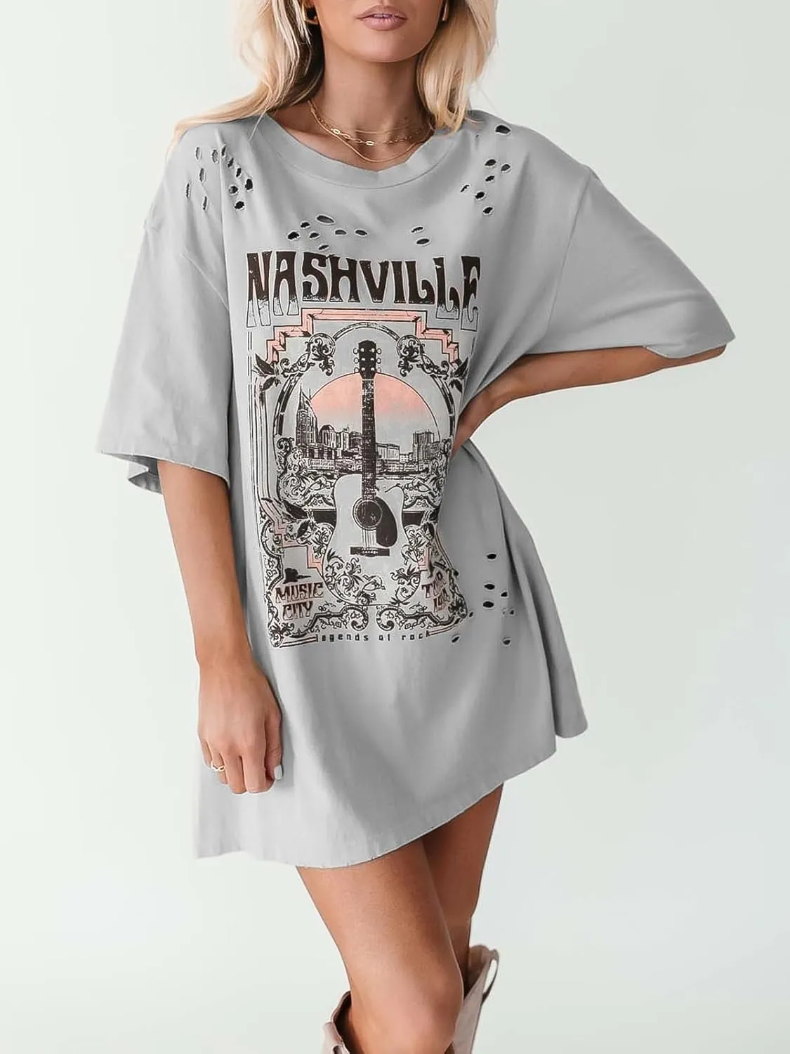 Imily Bela Womens Nashville Oversized T Shirts Country Concert Outfits Hollow Out Guitar Graphic Tees Vintage Tops