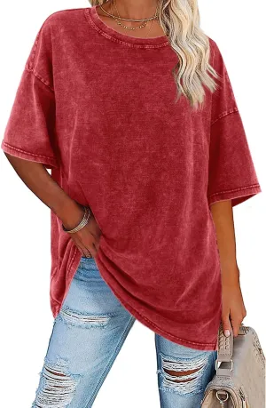 Imily Bela Womens Oversized T Shirts Vintage Cotton Tees Crewneck Short Sleeve Washed Summer Tunic Tops