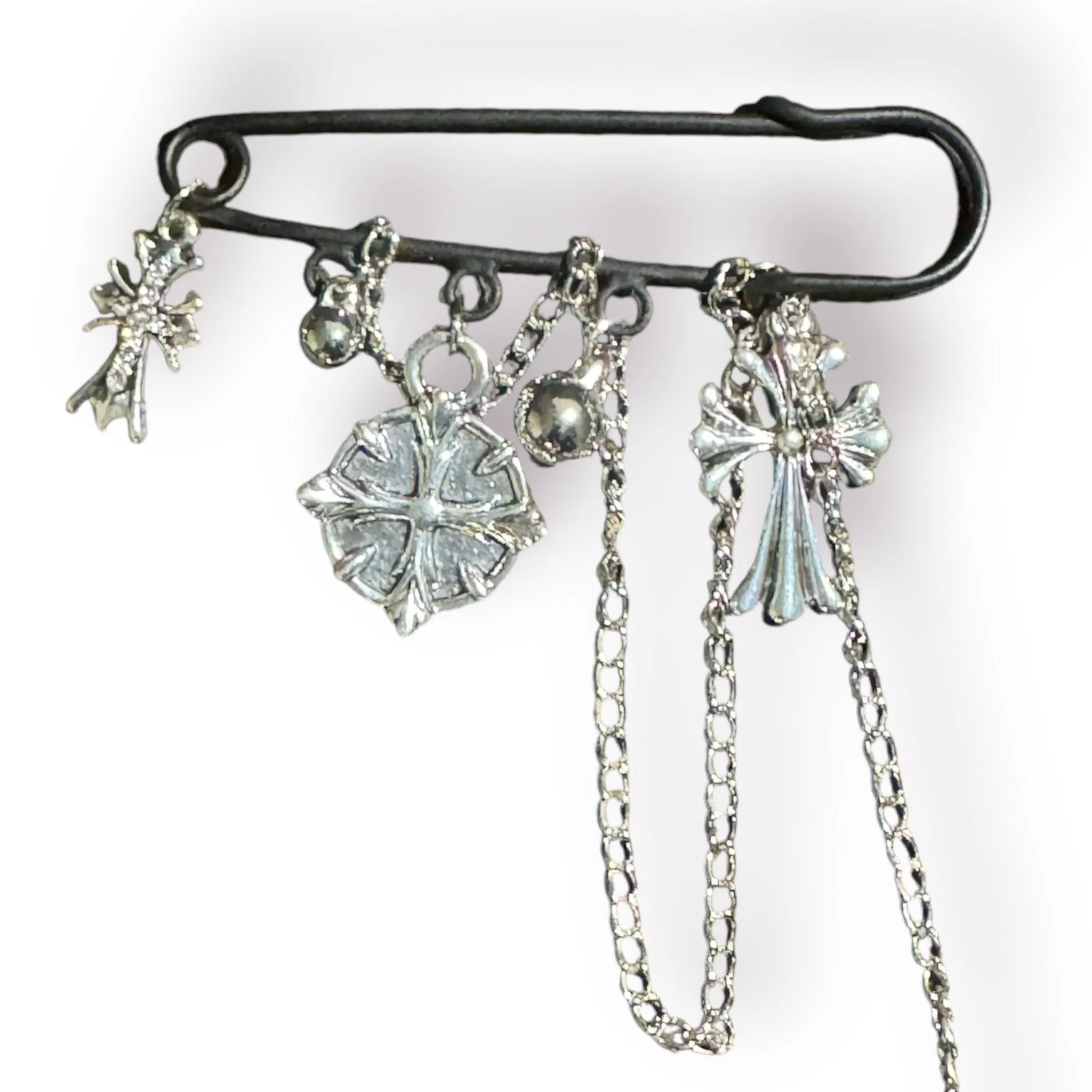 Inspired Chrome Charm Chain Safety Pin- Silver