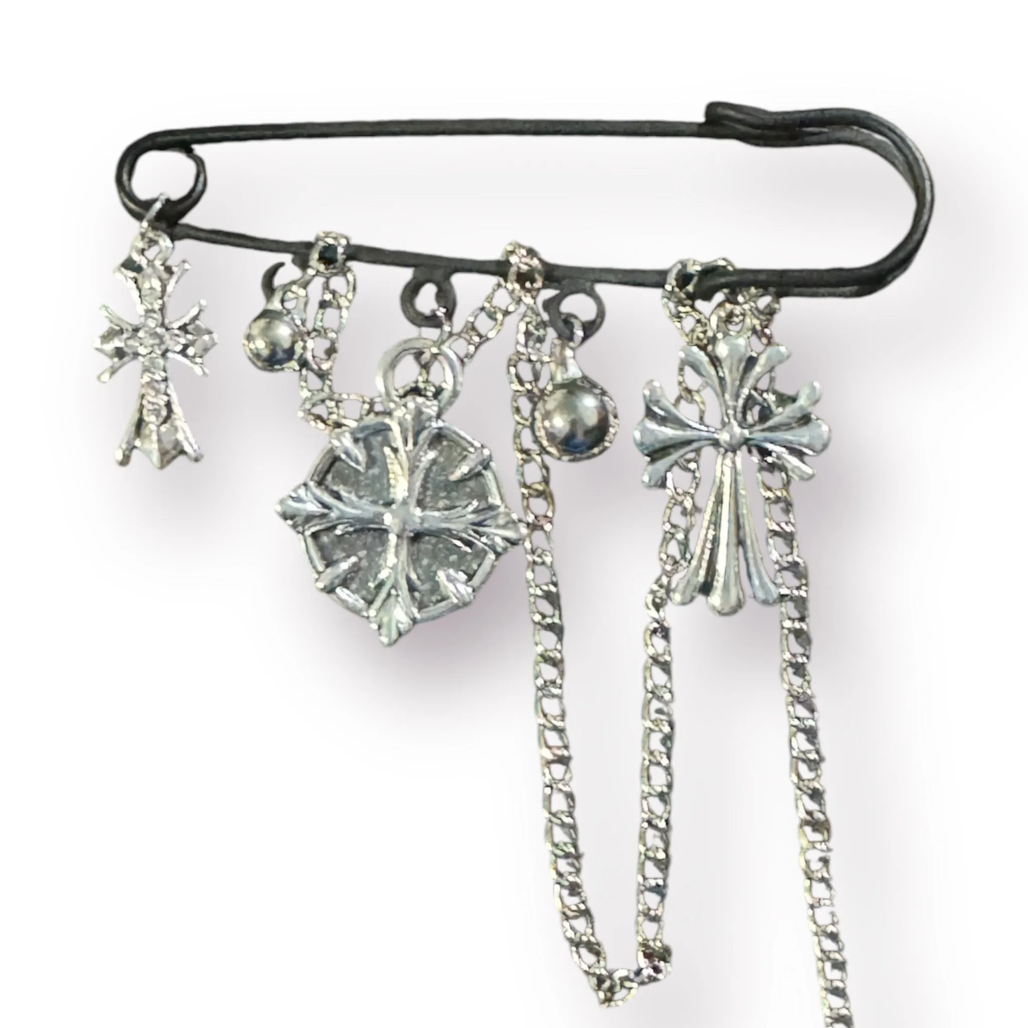 Inspired Chrome Charm Chain Safety Pin- Silver