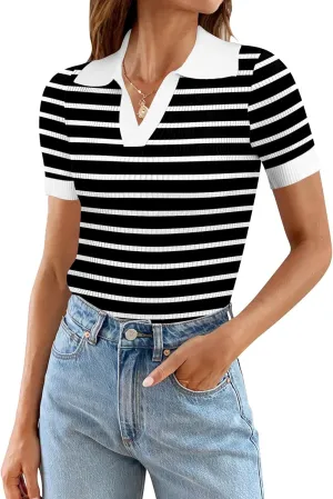 Ivicoer Womens 2025 Summer V Neck Short Sleeve T Shirts Slim Fitted Ribbed Knit Casual Tee Tops