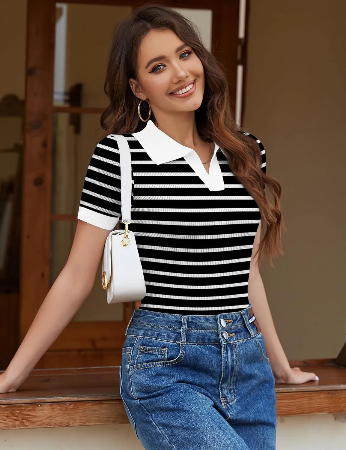 Ivicoer Womens 2025 Summer V Neck Short Sleeve T Shirts Slim Fitted Ribbed Knit Casual Tee Tops