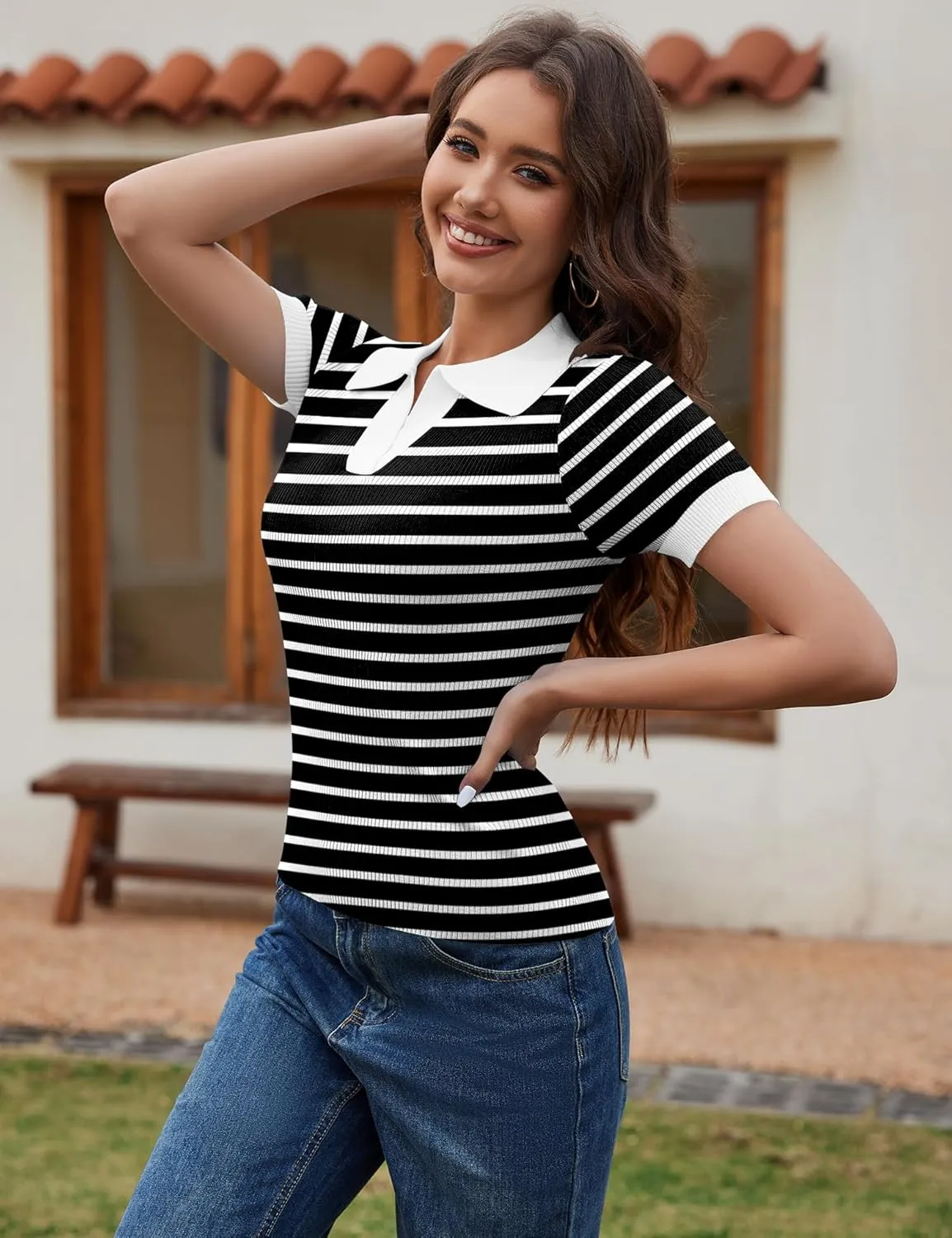 Ivicoer Womens 2025 Summer V Neck Short Sleeve T Shirts Slim Fitted Ribbed Knit Casual Tee Tops