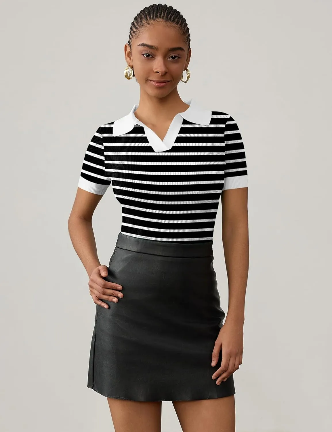 Ivicoer Womens 2025 Summer V Neck Short Sleeve T Shirts Slim Fitted Ribbed Knit Casual Tee Tops