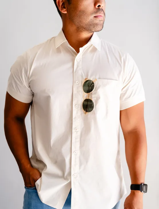 Ivory Short Sleeve Button-Up with Ribbed Cuff