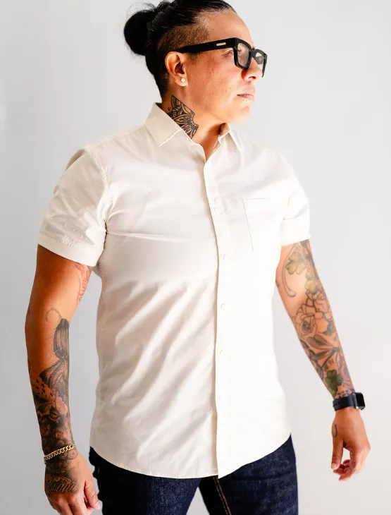 Ivory Short Sleeve Button-Up with Ribbed Cuff
