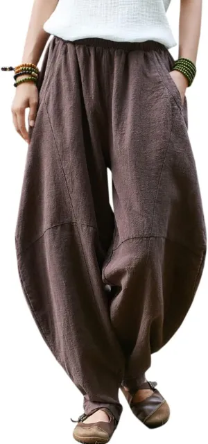IXIMO Women's Cotton Linen Pants Casual Elastic Waist Lantern Slacks Loose Fit Baggy Patchwork Trousers