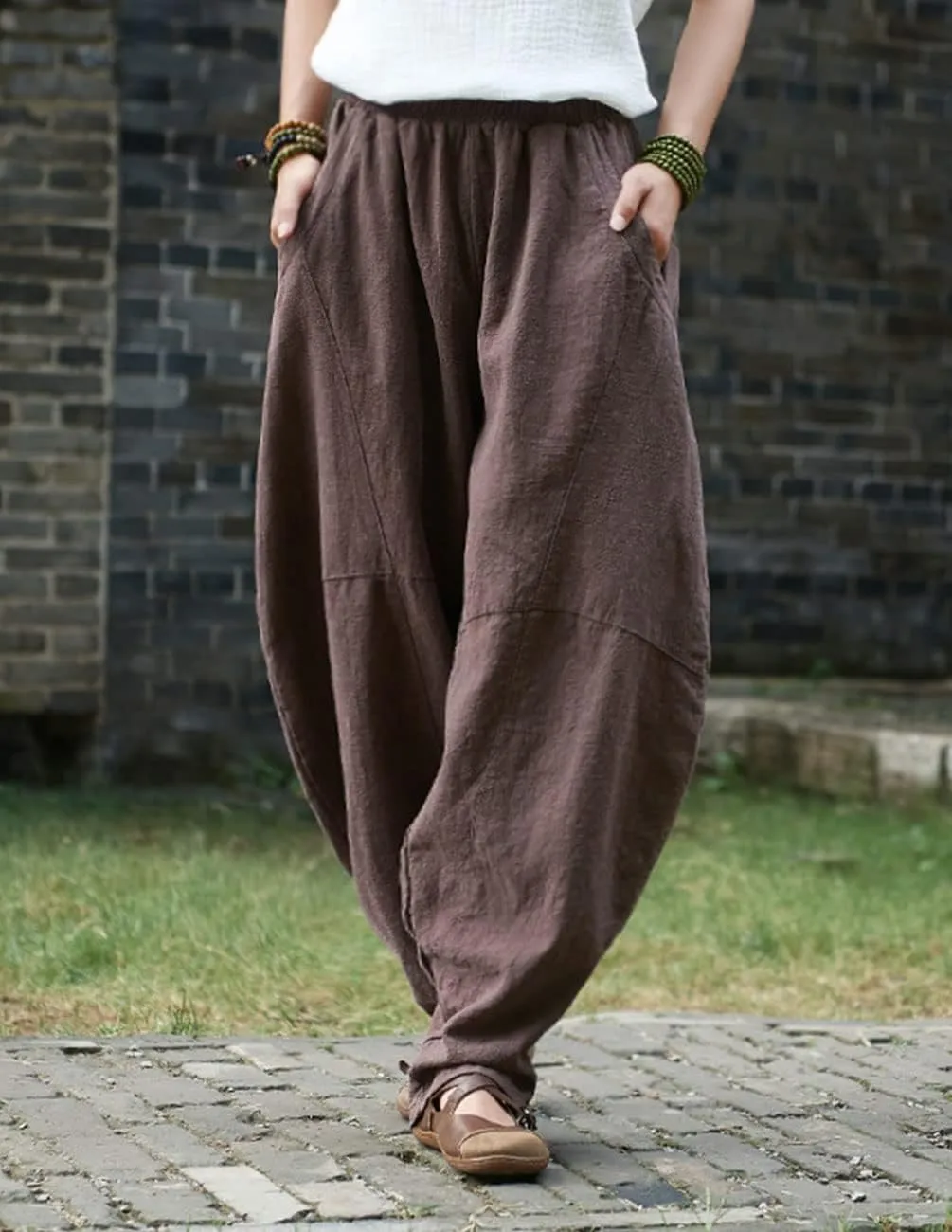 IXIMO Women's Cotton Linen Pants Casual Elastic Waist Lantern Slacks Loose Fit Baggy Patchwork Trousers
