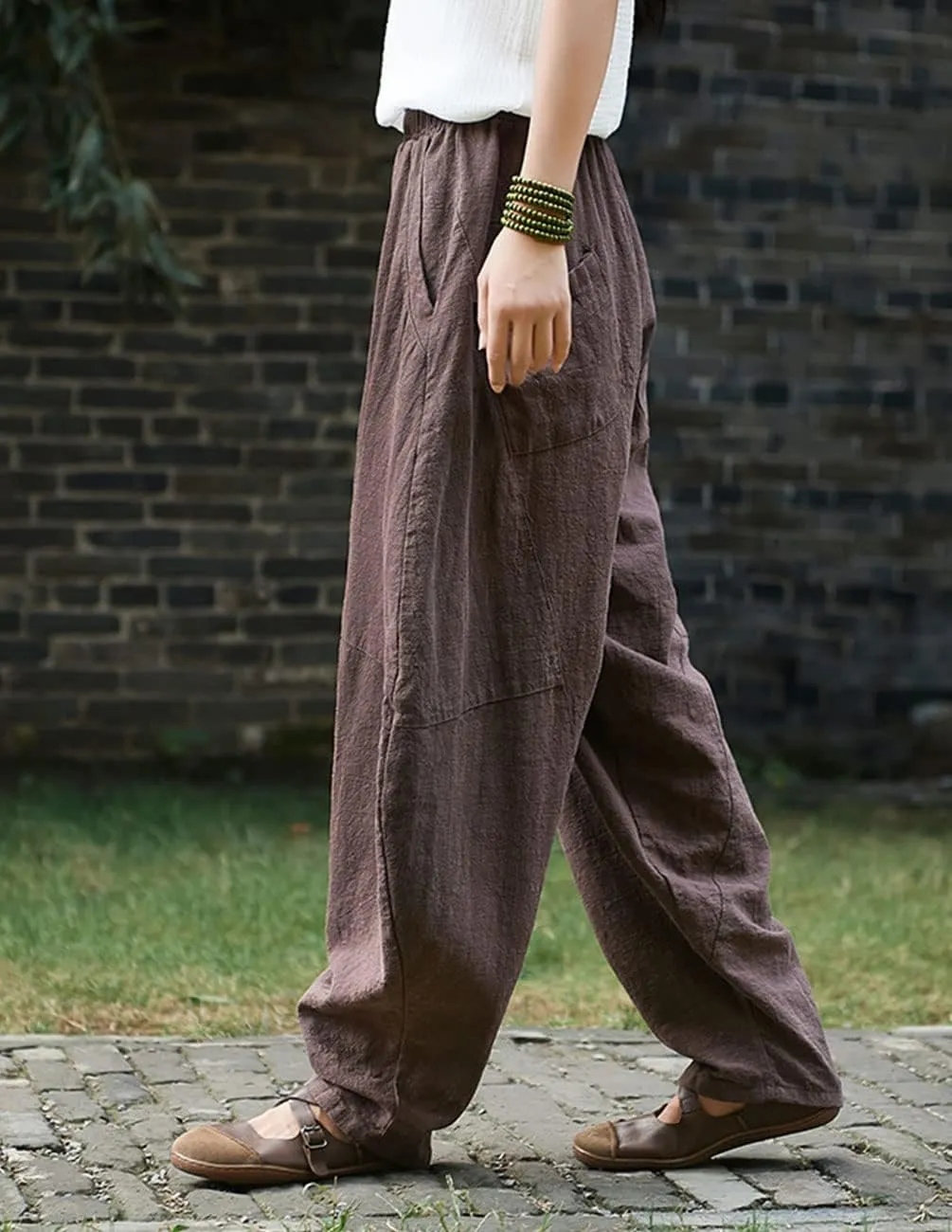 IXIMO Women's Cotton Linen Pants Casual Elastic Waist Lantern Slacks Loose Fit Baggy Patchwork Trousers