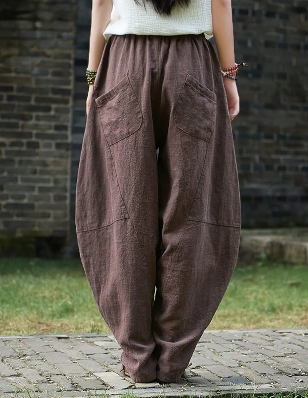 IXIMO Women's Cotton Linen Pants Casual Elastic Waist Lantern Slacks Loose Fit Baggy Patchwork Trousers