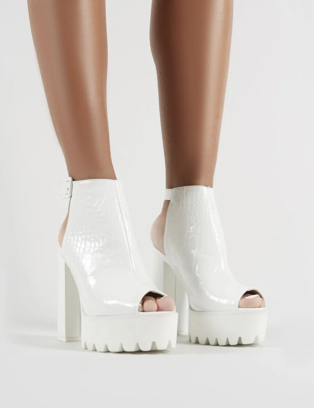 Jada Cleated Platform Block Heels in White Croc