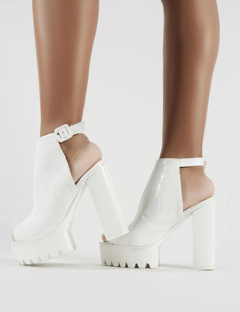 Jada Cleated Platform Block Heels in White Croc