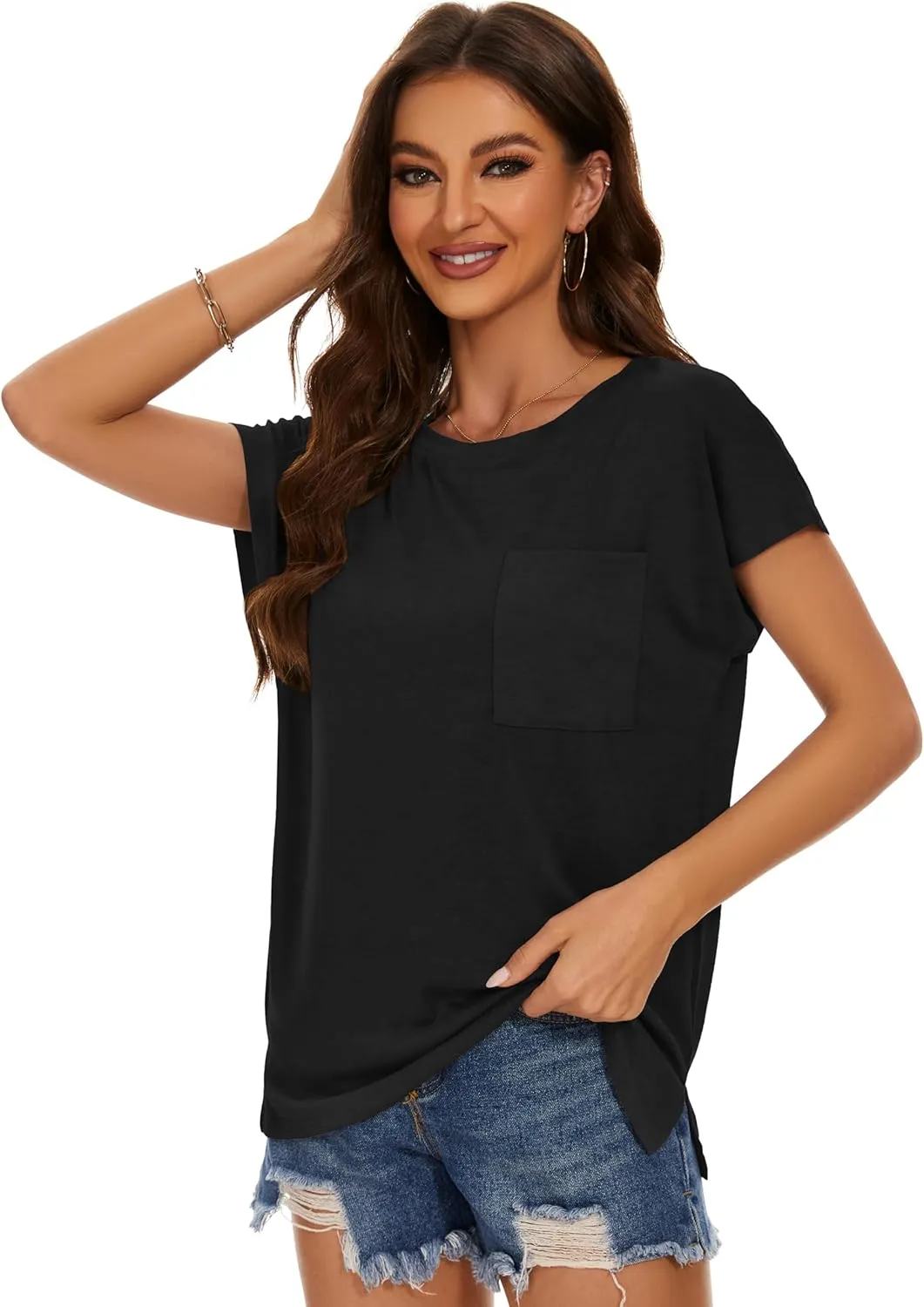 JOELLYUS Cap Sleeve Tops for Women Summer T Shirts with Pocket Basic Tees Casual Loose Fit Round Neck Top