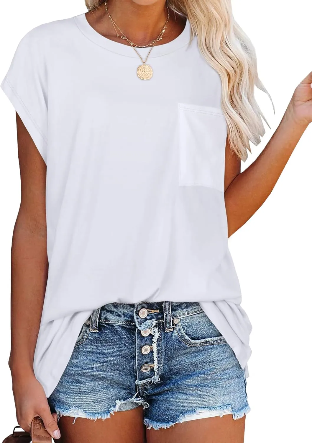 JOELLYUS Cap Sleeve Tops for Women Summer T Shirts with Pocket Basic Tees Casual Loose Fit Round Neck Top