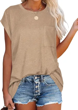 JOELLYUS Cap Sleeve Tops for Women Summer T Shirts with Pocket Basic Tees Casual Loose Fit Round Neck Top