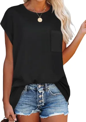 JOELLYUS Cap Sleeve Tops for Women Summer T Shirts with Pocket Basic Tees Casual Loose Fit Round Neck Top
