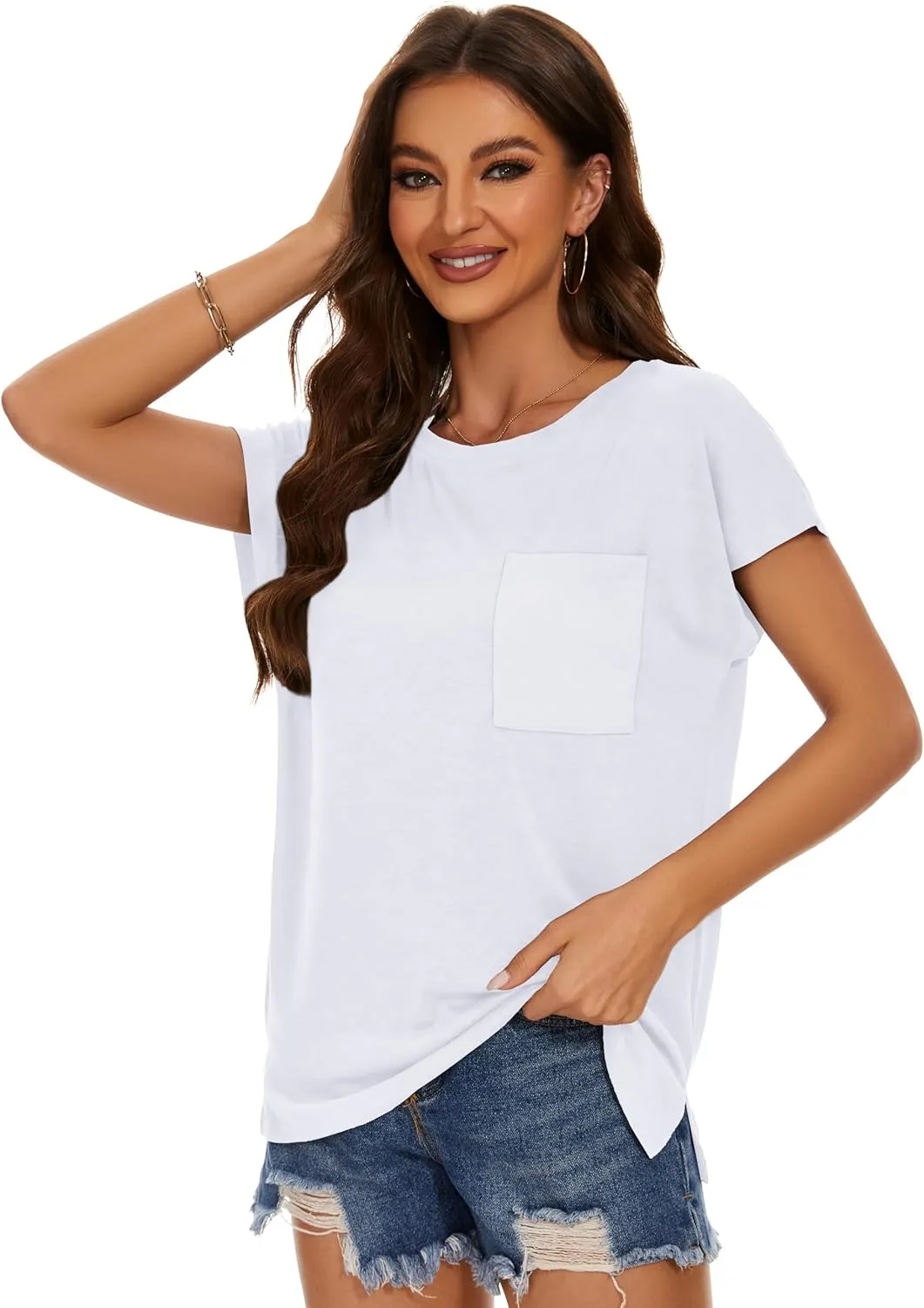 JOELLYUS Cap Sleeve Tops for Women Summer T Shirts with Pocket Basic Tees Casual Loose Fit Round Neck Top