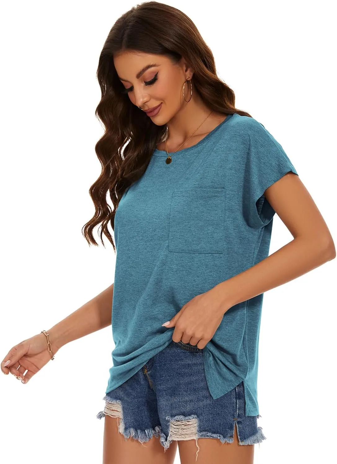 JOELLYUS Cap Sleeve Tops for Women Summer T Shirts with Pocket Basic Tees Casual Loose Fit Round Neck Top
