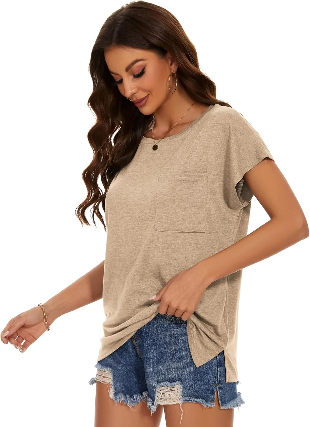 JOELLYUS Cap Sleeve Tops for Women Summer T Shirts with Pocket Basic Tees Casual Loose Fit Round Neck Top