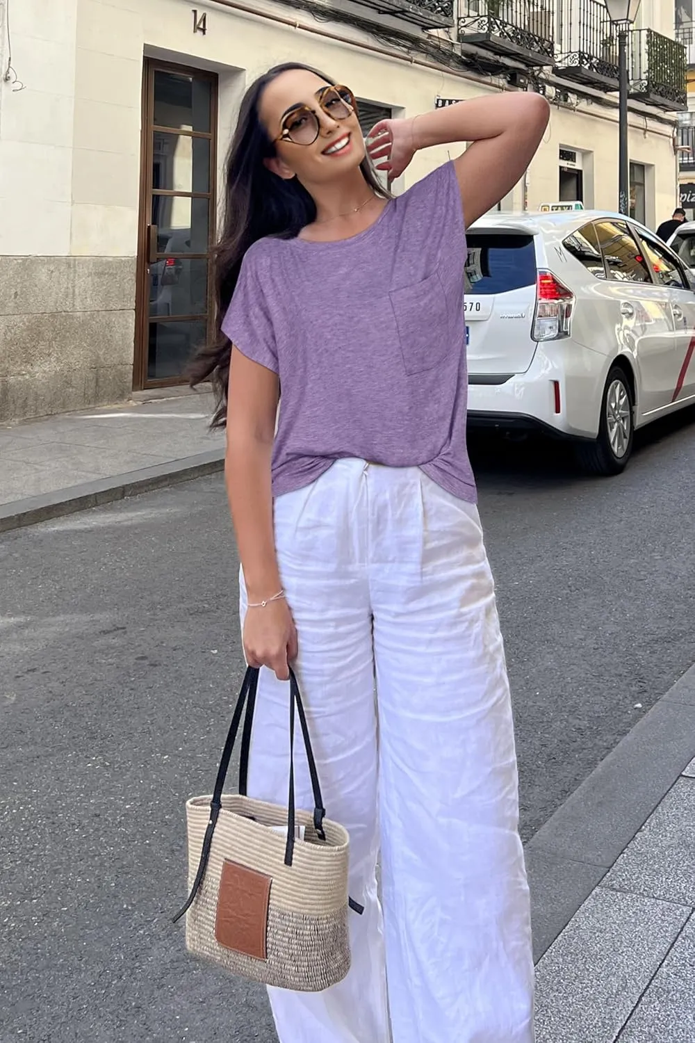 JOELLYUS Cap Sleeve Tops for Women Summer T Shirts with Pocket Basic Tees Casual Loose Fit Round Neck Top
