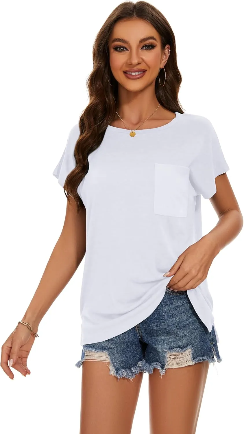 JOELLYUS Cap Sleeve Tops for Women Summer T Shirts with Pocket Basic Tees Casual Loose Fit Round Neck Top