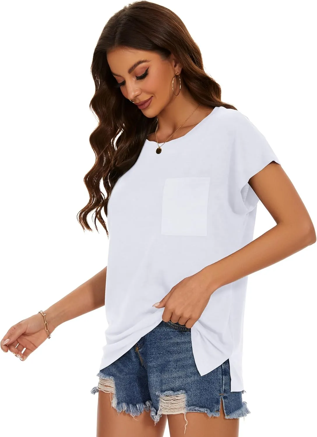 JOELLYUS Cap Sleeve Tops for Women Summer T Shirts with Pocket Basic Tees Casual Loose Fit Round Neck Top