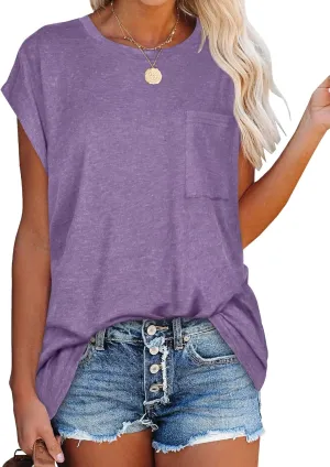 JOELLYUS Cap Sleeve Tops for Women Summer T Shirts with Pocket Basic Tees Casual Loose Fit Round Neck Top