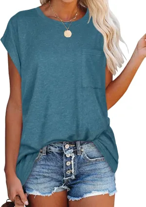 JOELLYUS Cap Sleeve Tops for Women Summer T Shirts with Pocket Basic Tees Casual Loose Fit Round Neck Top