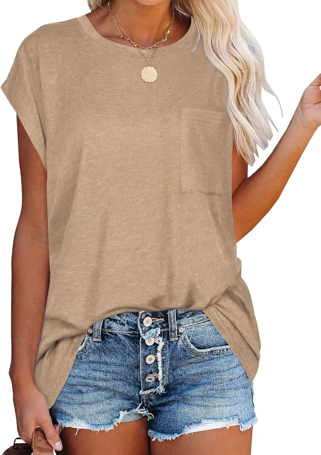 JOELLYUS Cap Sleeve Tops for Women Summer T Shirts with Pocket Basic Tees Casual Loose Fit Round Neck Top