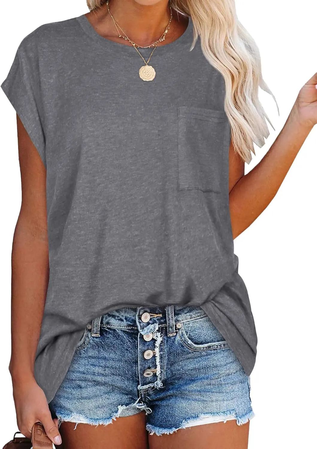 JOELLYUS Cap Sleeve Tops for Women Summer T Shirts with Pocket Basic Tees Casual Loose Fit Round Neck Top