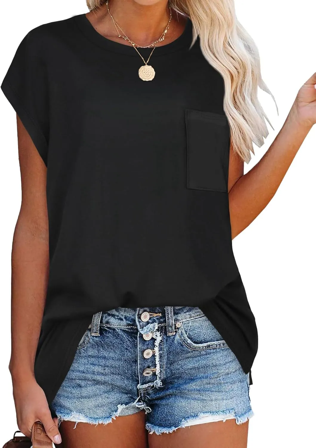 JOELLYUS Cap Sleeve Tops for Women Summer T Shirts with Pocket Basic Tees Casual Loose Fit Round Neck Top