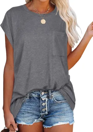 JOELLYUS Cap Sleeve Tops for Women Summer T Shirts with Pocket Basic Tees Casual Loose Fit Round Neck Top