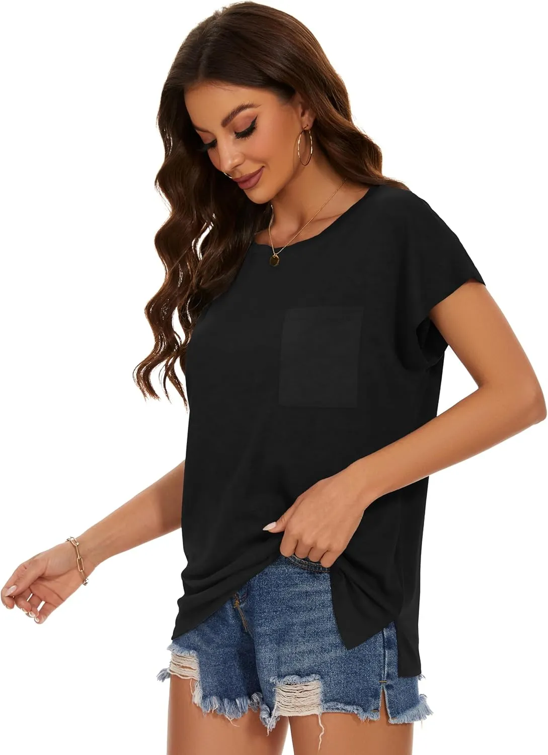 JOELLYUS Cap Sleeve Tops for Women Summer T Shirts with Pocket Basic Tees Casual Loose Fit Round Neck Top