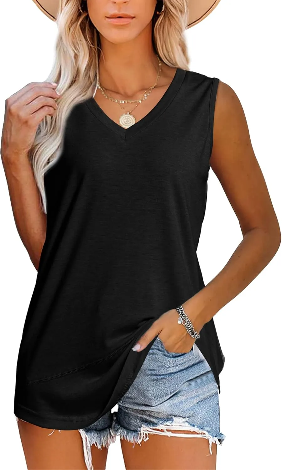 JomeDesign Womens Tank Tops Summer Sleeveless V Neck T Shirts Casual Tunic Tops for Leggings Loose Fit