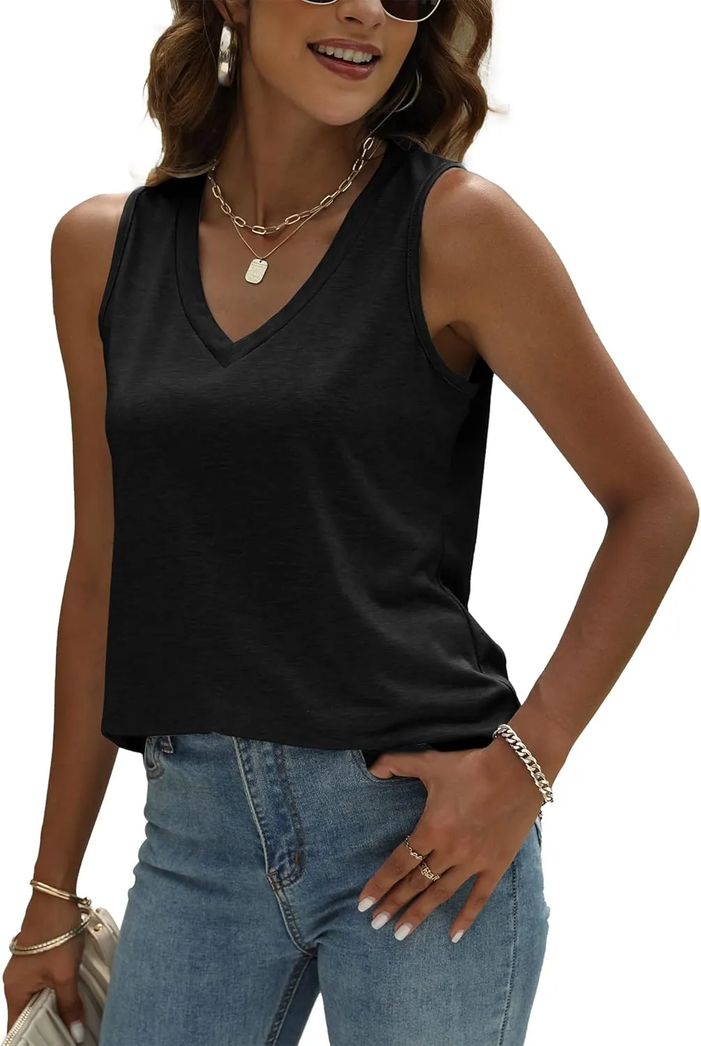 JomeDesign Womens Tank Tops Summer Sleeveless V Neck T Shirts Casual Tunic Tops for Leggings Loose Fit