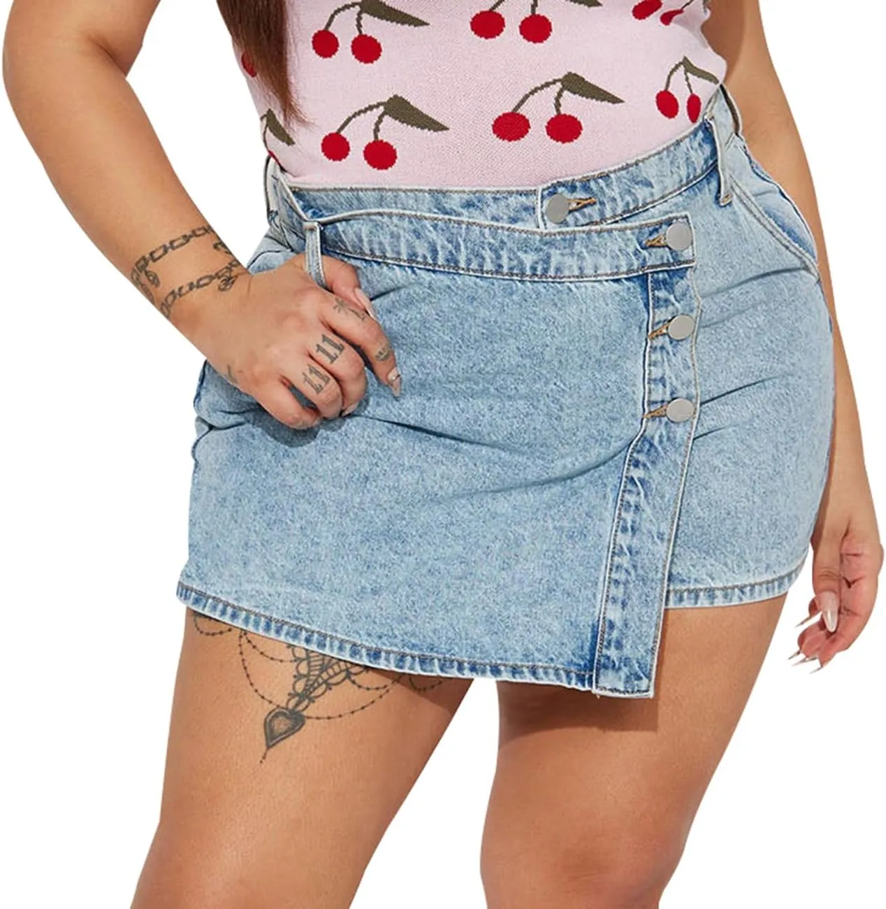 JTNFairy Women's Mid Rise Asymmetrical Hem Denim Skorts Wrap Button Front Stretchy Casual Jean Skort