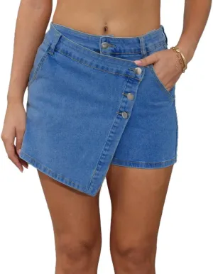 JTNFairy Women's Mid Rise Asymmetrical Hem Denim Skorts Wrap Button Front Stretchy Casual Jean Skort