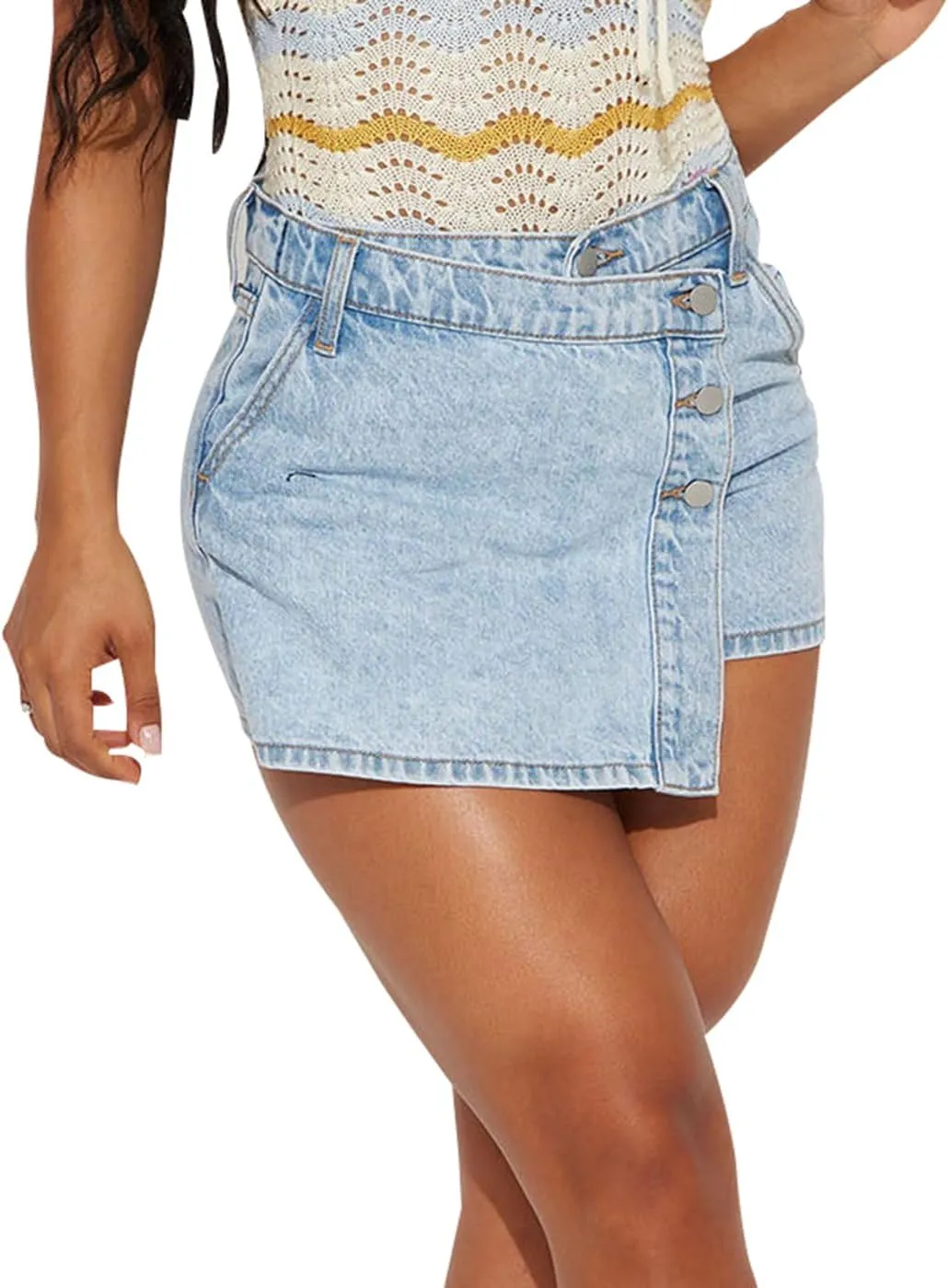 JTNFairy Women's Mid Rise Asymmetrical Hem Denim Skorts Wrap Button Front Stretchy Casual Jean Skort