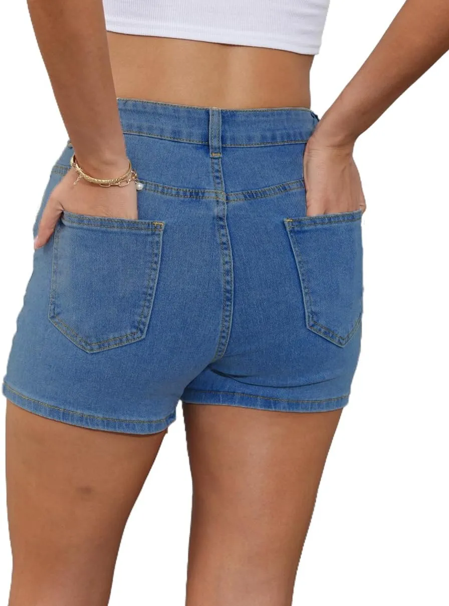 JTNFairy Women's Mid Rise Asymmetrical Hem Denim Skorts Wrap Button Front Stretchy Casual Jean Skort