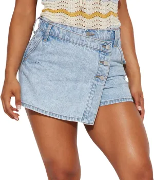 JTNFairy Women's Mid Rise Asymmetrical Hem Denim Skorts Wrap Button Front Stretchy Casual Jean Skort