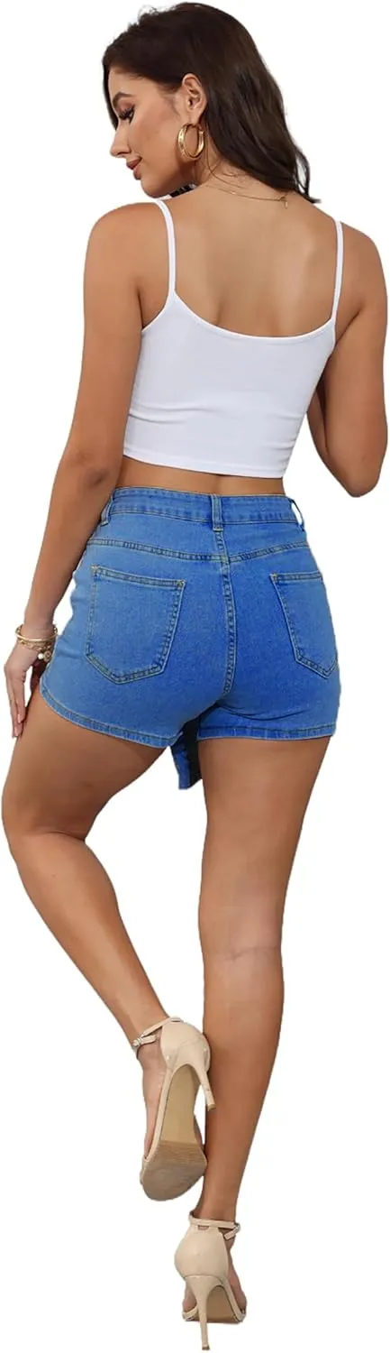 JTNFairy Women's Mid Rise Asymmetrical Hem Denim Skorts Wrap Button Front Stretchy Casual Jean Skort