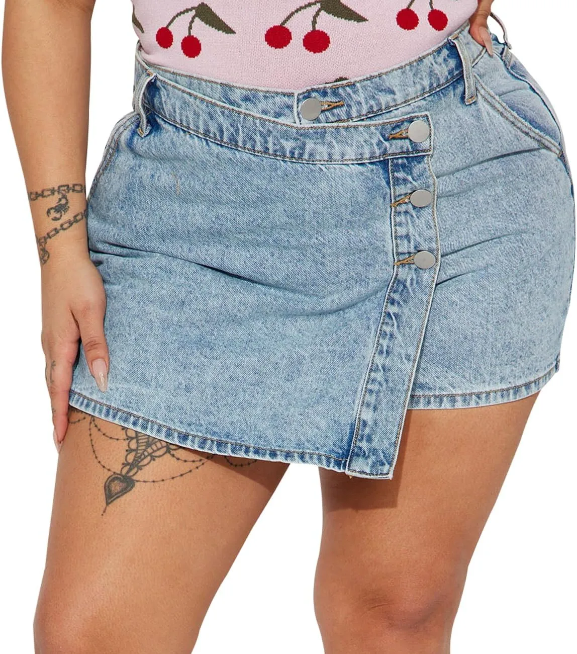 JTNFairy Women's Mid Rise Asymmetrical Hem Denim Skorts Wrap Button Front Stretchy Casual Jean Skort