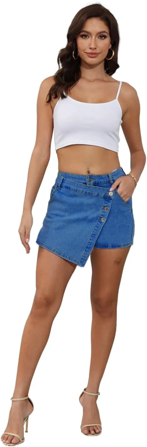 JTNFairy Women's Mid Rise Asymmetrical Hem Denim Skorts Wrap Button Front Stretchy Casual Jean Skort