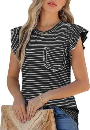 JUSTFASHIONNOW Womens Summer Tops Striped T-Shirts 2025 Ruffle Short Sleeve Crew Neck Casual Blouses with Pocket