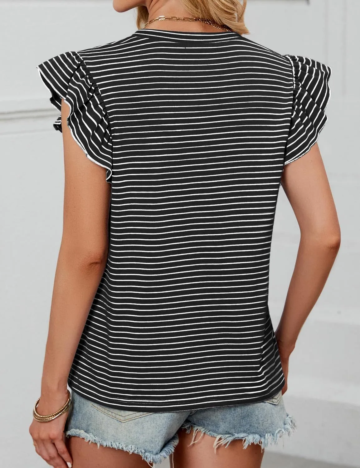 JUSTFASHIONNOW Womens Summer Tops Striped T-Shirts 2025 Ruffle Short Sleeve Crew Neck Casual Blouses with Pocket