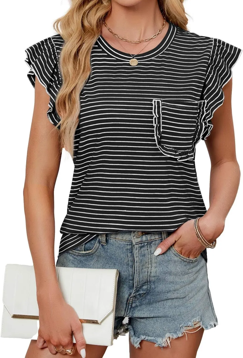 JUSTFASHIONNOW Womens Summer Tops Striped T-Shirts 2025 Ruffle Short Sleeve Crew Neck Casual Blouses with Pocket
