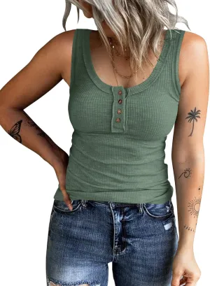 KINLONSAIR Women's Sleeveless Henley Tank Tops Ribbed V Neck Button Down T Shirts Summer Slim Fit Tee Tops