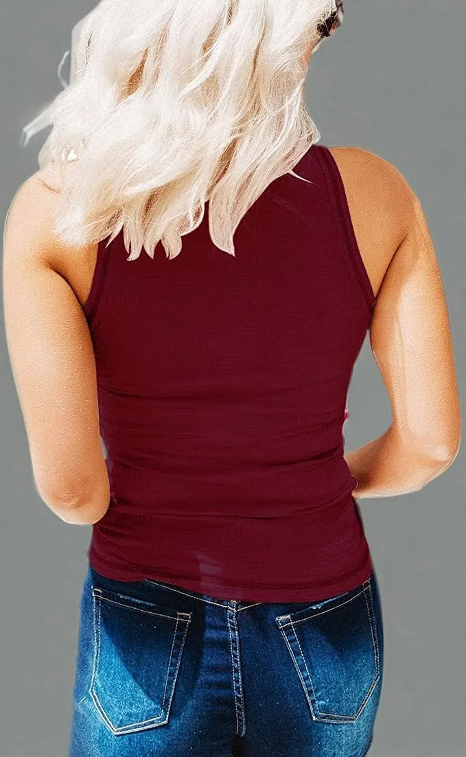 KINLONSAIR Women's Sleeveless Henley Tank Tops Ribbed V Neck Button Down T Shirts Summer Slim Fit Tee Tops