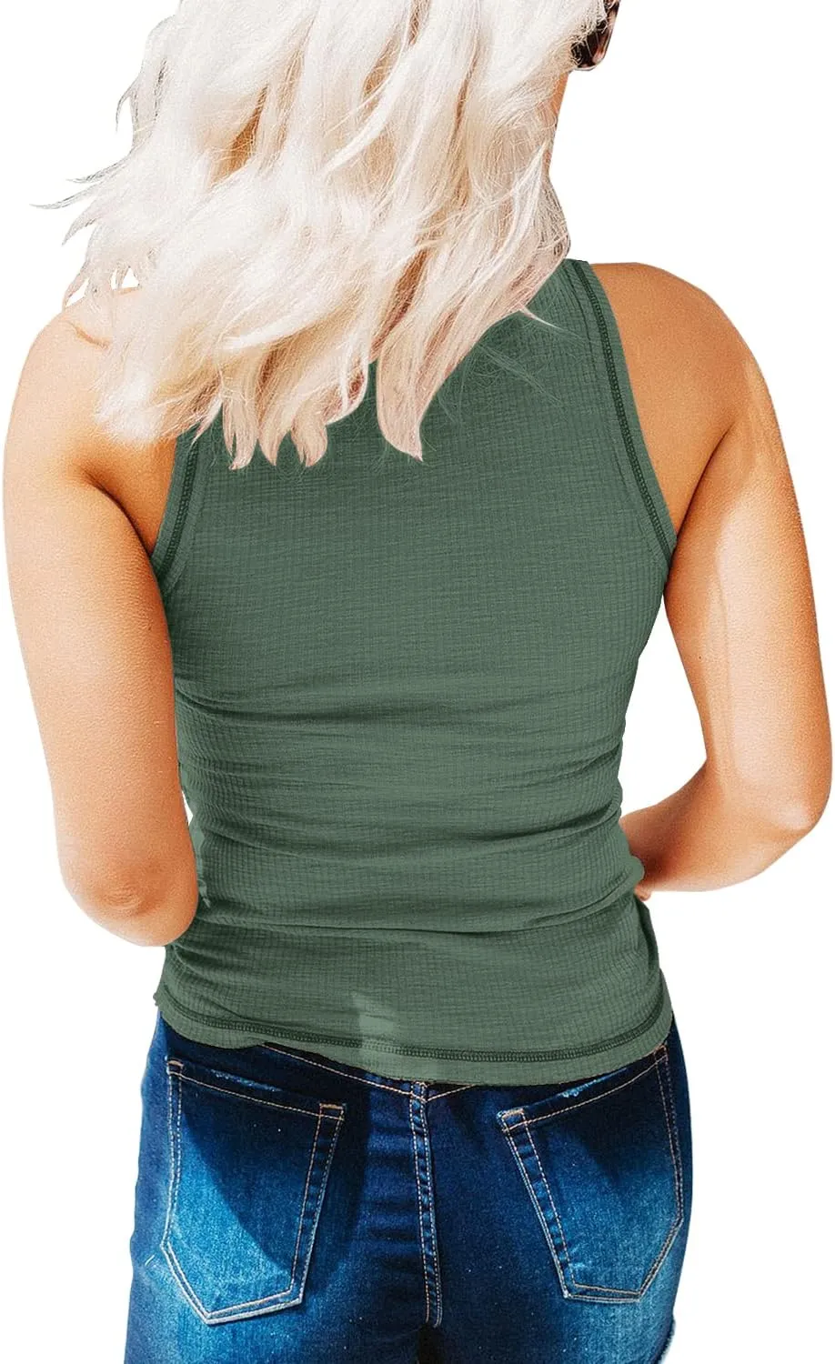 KINLONSAIR Women's Sleeveless Henley Tank Tops Ribbed V Neck Button Down T Shirts Summer Slim Fit Tee Tops